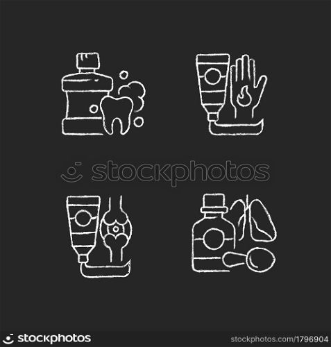Medical treatment options chalk white icons set on dark background. Mouthwash for oral health. Antibacterial cream. Arthritis treatment. Cough syrup. Isolated vector chalkboard illustrations on black. Medical treatment options chalk white icons set on dark background