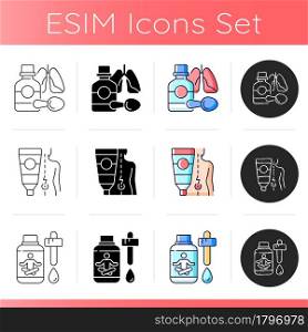Medical treatment options icons set. Cough syrup. Shooting pain relieving. Sedative drops. Ointment for back pain. Calming medication. Linear, black and RGB color styles. Isolated vector illustrations. Medical treatment options icons set