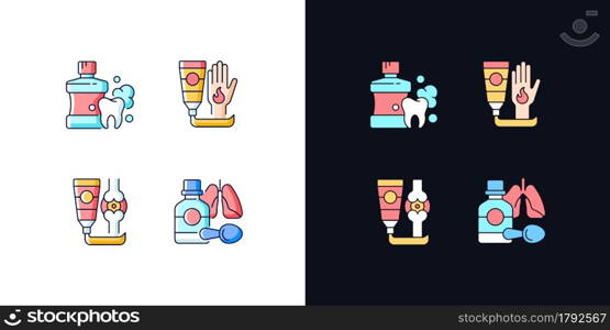 Medical treatment options light and dark theme RGB color icons set. Mouthwash for oral health. Cough syrup. Isolated vector illustrations on white and black space. Simple filled line drawings pack. Medical treatment options light and dark theme RGB color icons set