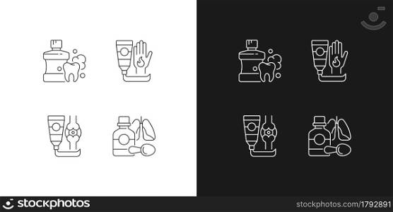 Medical treatment options linear icons set for dark and light mode. Mouthwash for oral health. Cough syrup. Customizable thin line symbols. Isolated vector outline illustrations. Editable stroke. Medical treatment options linear icons set for dark and light mode