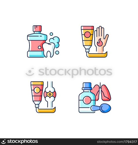 Medical treatment options RGB color icons set. Mouthwash for oral health. Antibacterial cream. Arthritis treatment. Cough syrup. Isolated vector illustrations. Simple filled line drawings collection. Medical treatment options RGB color icons set
