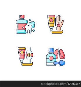 Medical treatment options RGB color icons set. Mouthwash for oral health. Antibacterial cream. Arthritis treatment. Cough syrup. Isolated vector illustrations. Simple filled line drawings collection. Medical treatment options RGB color icons set