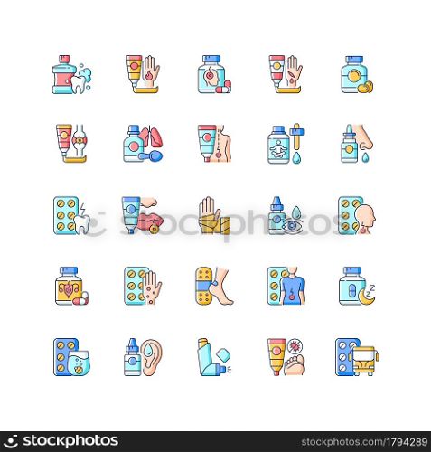 Medical treatment RGB color icons set. Oral hygiene. Antibacterial ointments. Pain reliever. Improve health quality. Fast healing. Isolated vector illustrations. Simple filled line drawings collection. Medical treatment RGB color icons set