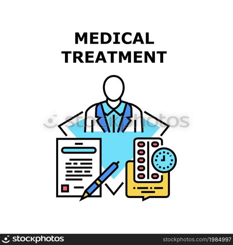 Medical Treatment Sick Vector Icon Concept. Medical Treatment Sick In Hospital, Doctor Checking Patient Health And Writing Prescription For Medicaments And Medicine Therapy Color Illustration. Medical Treatment Sick Concept Color Illustration