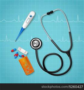 Medical Treatment Tools Composition. Realistic medical equipment composition with binaural stethoscope pills pack and thermometer on cardiac waveforms clinical background vector illustration