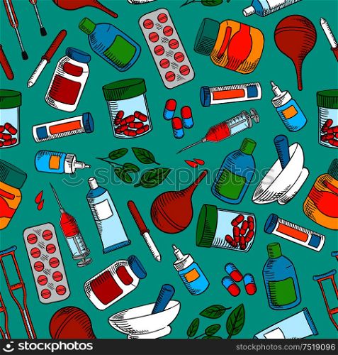 Medical treatments and medication icons. Seamless wallpaper background with vector pattern of cure and medicine supplies ointment, pill, dropper, syringe, solution, tube, herbal syrup, mortar, crutch. Medications seamless background wallpaper