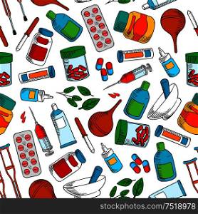Medical treatments seamless background. Medicine wallpaper with vector pattern of medications icons syrup, ointment, pill, dropper, syringe, solution, tube, capsule, leaf potion nasal spray. Medical treatments seamless pattern background