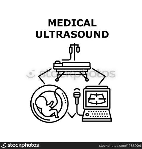 Medical Ultrasound Vector Icon Concept. Medical Ultrasound Equipment For Examining Patient Organ And Pregnant Woman Embryo. Hospital Professional Electronic Equipment Black Illustration. Medical Ultrasound Concept Black Illustration