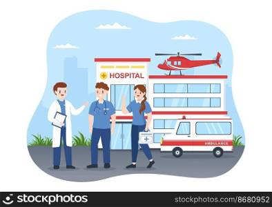 Medical Vehicle Ambulance Car or Emergency Service for Pick Up Patient the Injured in an Accident in Flat Cartoon Hand Drawn Templates Illustration