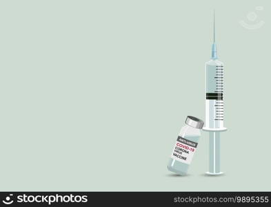 Medical vials and syringes for vaccination. the gray liquid vaccine in the syringe injections is used for the prevention. Isolated vector illustration Covid-19 Coronavirus concept. with copy space.