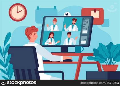 Medical video conference. Doctor in video chat with coworkers online consulting diagnosis covid 19. Virtual medical experts vector concept. Medical practitioners having call, distant work. Medical video conference. Doctor in video chat with coworkers online consulting diagnosis covid 19. Virtual medical experts vector concept