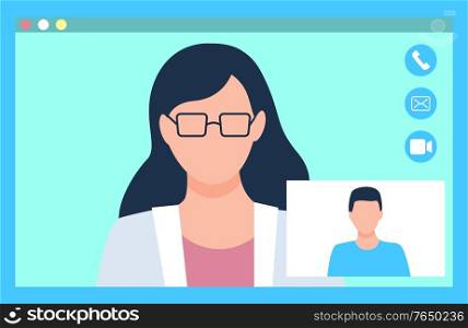 Medical video consultation, female doctor with glasses and man patient. Portrait and closeup view of people, hospital online, healthcare app vector. Consulting with Doctor Online, Video Chat Vector