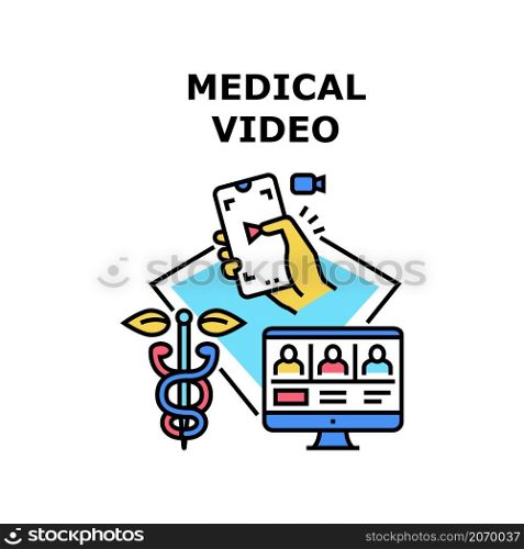 Medical video online. Doctor computer. Medicine patient health. Conference call. Clinic internet technology vector concept color illustration. Medical video icon vector illustration