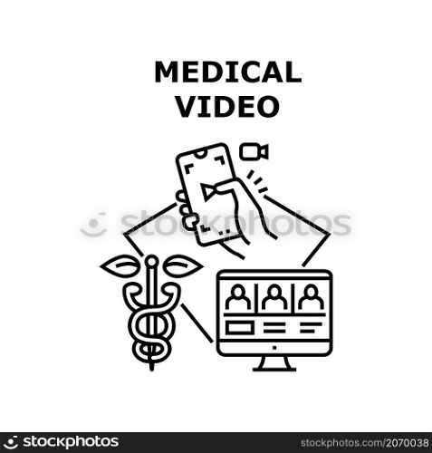Medical video online. Doctor computer. Medicine patient health. Conference call. Clinic internet technology vector concept black illustration. Medical video icon vector illustration