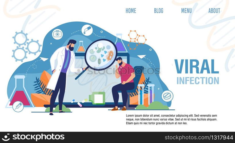 Medical Viral Infection Treatment Landing Page. Cartoon Man Patient Coughing. Male Doctor Character with Loupe Examining Sputum Microorganisms. Telemedicine and Online Service. Vector Illustration. Medical Viral Infection Treatment Landing Page