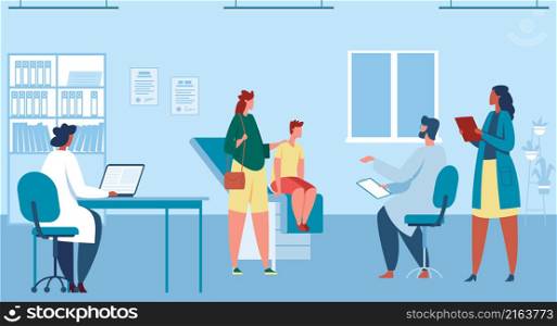 Medical visit at doctor cabinet or clinic. Vector healthcare medical, therapist character in cabinet of hospital illustration. Medical visit at doctor cabinet or clinic