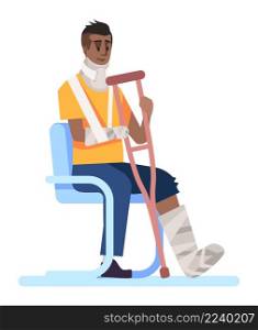 Medical visit semi flat RGB color vector illustration. Traumatized man with broken leg and arm in cast isolated cartoon character on white background. Medical visit semi flat RGB color vector illustration