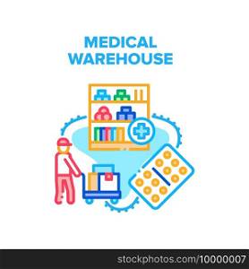Medical Warehouse Storage Vector Icon Concept. Medical Warehouse Storaging Shelves And Worker Transportation And Carrying Medicaments On Cart. Medicine Drugs Package Color Illustration. Medical Warehouse Storage Vector Concept Color