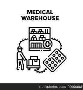 Medical Warehouse Storage Vector Icon Concept. Medical Warehouse Storaging Shelves And Worker Transportation And Carrying Medicaments On Cart. Medicine Drugs Package Black Illustration. Medical Warehouse Storage Vector Black Illustrations