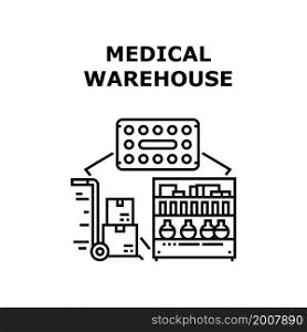 Medical warehouse vaccine box. construction shelf. dispensary shop. pharmacy storage. distribution medical warehouse. Medical warehouse icon vector illustration