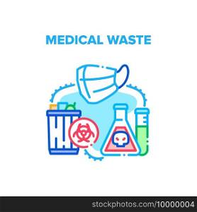 Medical Waste Vector Icon Concept. Used Infectious Masks And Medicine Laboratory Analysis In Trash Bin Container, Separating Infected Medical Waste. Clinic Biological Garbage Color Illustration. Medical Waste Vector Concept Color Illustration