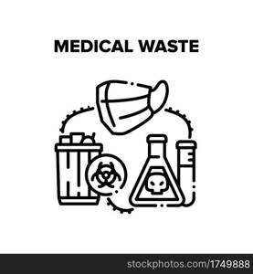 Medical Waste Vector Icon Concept. Used Infectious Masks And Medicine Laboratory Analysis In Trash Bin Container, Separating Infected Medical Waste. Clinic Biological Garbage Black Illustration. Medical Waste Vector Black Illustrations