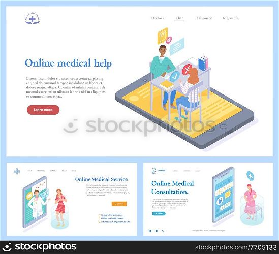 Medical website template. Online medical assistance, consultation, service. Doctor talks to patient online, therapist talks to concerned girl remotely, pregnant woman consults doctor via smartphone. Online medical services website template. Specialists remotely consult patients via devices