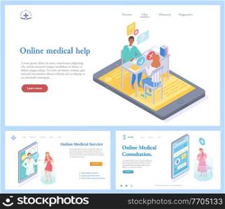 Medical website template. Online medical assistance, consultation, service. Doctor talks to patient online, therapist talks to concerned girl remotely, pregnant woman consults doctor via smartphone. Online medical services website template. Specialists remotely consult patients via devices
