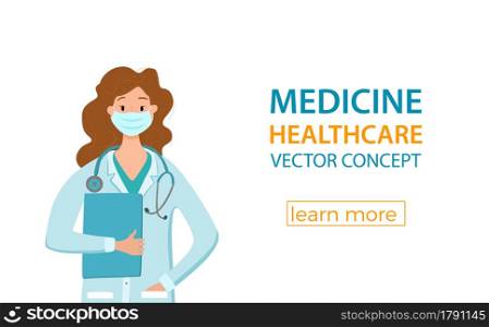 Medical woman in face protection mask cartoon characters vector illustration. Doctor professional girl for fighting the coronavirus. Stop the covid-19 healthcare concept with hospital worker.. Medical people in face protection mask cartoon characters vector illustration