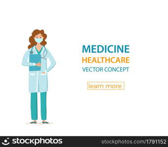 Medical woman in face protection mask cartoon characters vector illustration. Doctor professional girl for fighting the coronavirus. Stop the covid-19 healthcare concept with hospital worker.. Medical people in face protection mask cartoon characters vector illustration