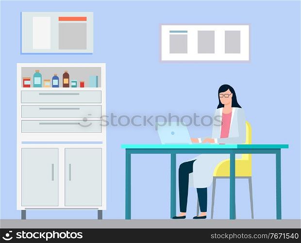 Medical worker in hospital laboratory working on computer vector, person giving diagnostics online. Cabinet with medicine and drugs for patients flat style. Doctor Working on Laptop with Data Medicine Work