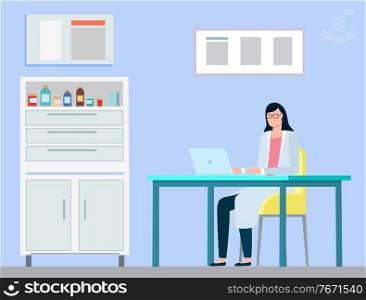 Medical worker in hospital laboratory working on computer vector, person giving diagnostics online. Cabinet with medicine and drugs for patients flat style. Doctor Working on Laptop with Data Medicine Work