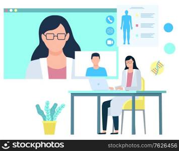 Medical worker in laboratory vector, doctor with patient giving consultation talking online. Telemedicine doc with person having problems with health. Flat cartoon. Woman Giving Consultation to Patient Medicine