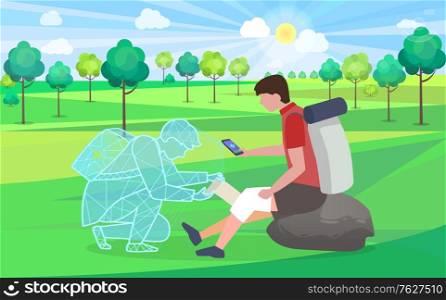 Medical worker online helping hiking man, person with injured knee in forest. Patient with smartphone help online first aid consultation. Holographic projection of doctor. Landscape with greenery flat. Help Online, Medical Care for Hiker Injured Knee