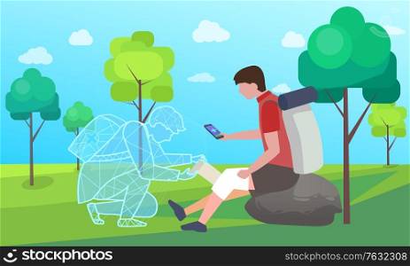 Medical worker online helping hiking man, person with injured knee in forest. Patient with smartphone help online first aid consultation. Holographic projection of doctor. Landscape with greenery flat. Help Online, Medical Care for Hiker Injured Knee