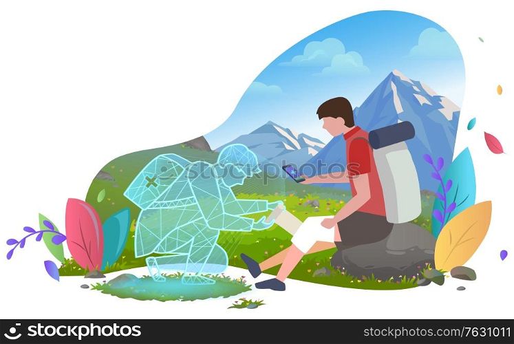 Medical worker online helping hiking man, person with injured knee in mountains. Patient with smartphone help online first aid consultation. Holographic projection of doctor. Landscape with greenery. Help Online, Medical Care for Hiker Injured Knee