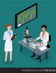 Medical workers conducting experiment or diagnosis in laboratory. Man and woman with materials for research. Male with blood s&les and microscope. Screen with charts vector in isometric 3d. Medical Research by Doctors in Laboratory Vector