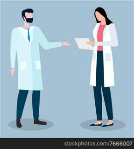 Medical workers discussing patients history or diagnosis. Colleagues working in clinic or hospital with results of analysis. Meeting of doctors. Male and female characters isolated, vector in flat. Doctor Talking to Nurse Colleagues Medical Workers