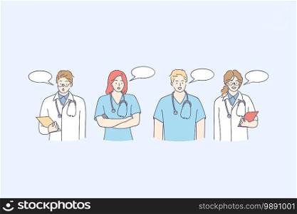 Medical workers doctors communication concept. Young medical staff people cartoon characters standing and talking with speech bubbles vector illustration. Doctor, surgeon, physician, paramedic, nurse. Medical workers doctors communication concept