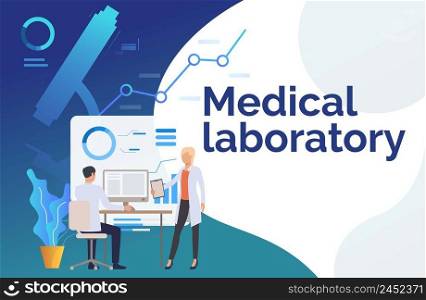 Medical workers examining data on monitor vector illustration. Research, medical test, scientific analysis. Medical laboratory concept. Creative design for presentations, templates, banners
