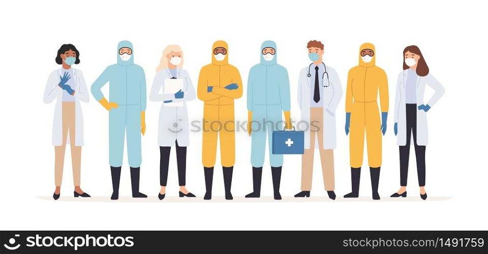 Medical workers. Professional doctors and nurses in protective suits standing together. Covid 19 virus outbreak pandemic vector concept. Medical covid-19, medicine professional team illustration. Medical workers. Professional doctors and nurses in protective suits standing together. Covid 19 virus outbreak pandemic vector concept