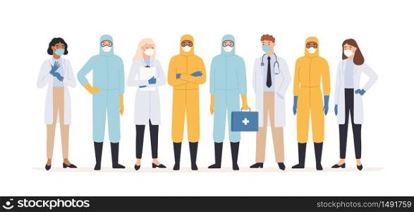 Medical workers. Professional doctors and nurses in protective suits standing together. Covid 19 virus outbreak pandemic vector concept. Medical covid-19, medicine professional team illustration. Medical workers. Professional doctors and nurses in protective suits standing together. Covid 19 virus outbreak pandemic vector concept