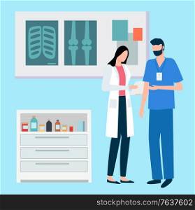 Medical workers talking about patients results vector, hospital laboratory. Man and woman discussing xray, cabinet with medicine and prescription drugs. Doctors Discussing Analysis Results Docs Meeting