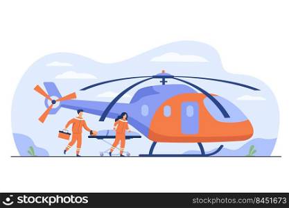 Medical workers wheeling gurney with injured person to copter for evacuation. Vector illustration for emergency, ambulance air transport, rescue helicopter concept