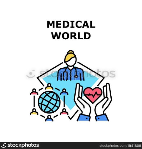 Medical World Vector Icon Concept. Medical World Doctor Communication And Patient Remote Health Examining. Doctor Consultation And International Globe Conference Color Illustration. Medical World Vector Concept Color Illustration