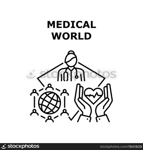 Medical World Vector Icon Concept. Medical World Doctor Communication And Patient Remote Health Examining. Doctor Consultation And International Globe Conference Black Illustration. Medical World Vector Concept Black Illustration