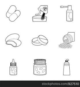 Medicament icons set. Outline set of 9 medicament vector icons for web isolated on white background. Medicament icons set, outline style