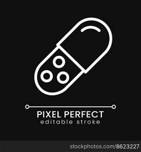 Medicament pixel perfect white linear icon for dark theme. Capsule pill. Solid dosage form. Oral medication. Thin line illustration. Isolated symbol for night mode. Editable stroke. Poppins font used. Medicament pixel perfect white linear icon for dark theme