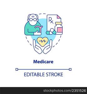 Medicare concept icon. Healthcare program. Federal social insurance includes abstract idea thin line illustration. Isolated outline drawing. Editable stroke. Arial, Myriad Pro-Bold fonts used. Medicare concept icon