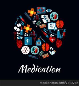 Medication and medical equipment icons in a shape of a pill with syringe, thermometer, drug, heart, brain, eye, blood test tube, skull x-ray, baby ultrasound, instrument and sight test chart. Pill symbol with flat icons of medication